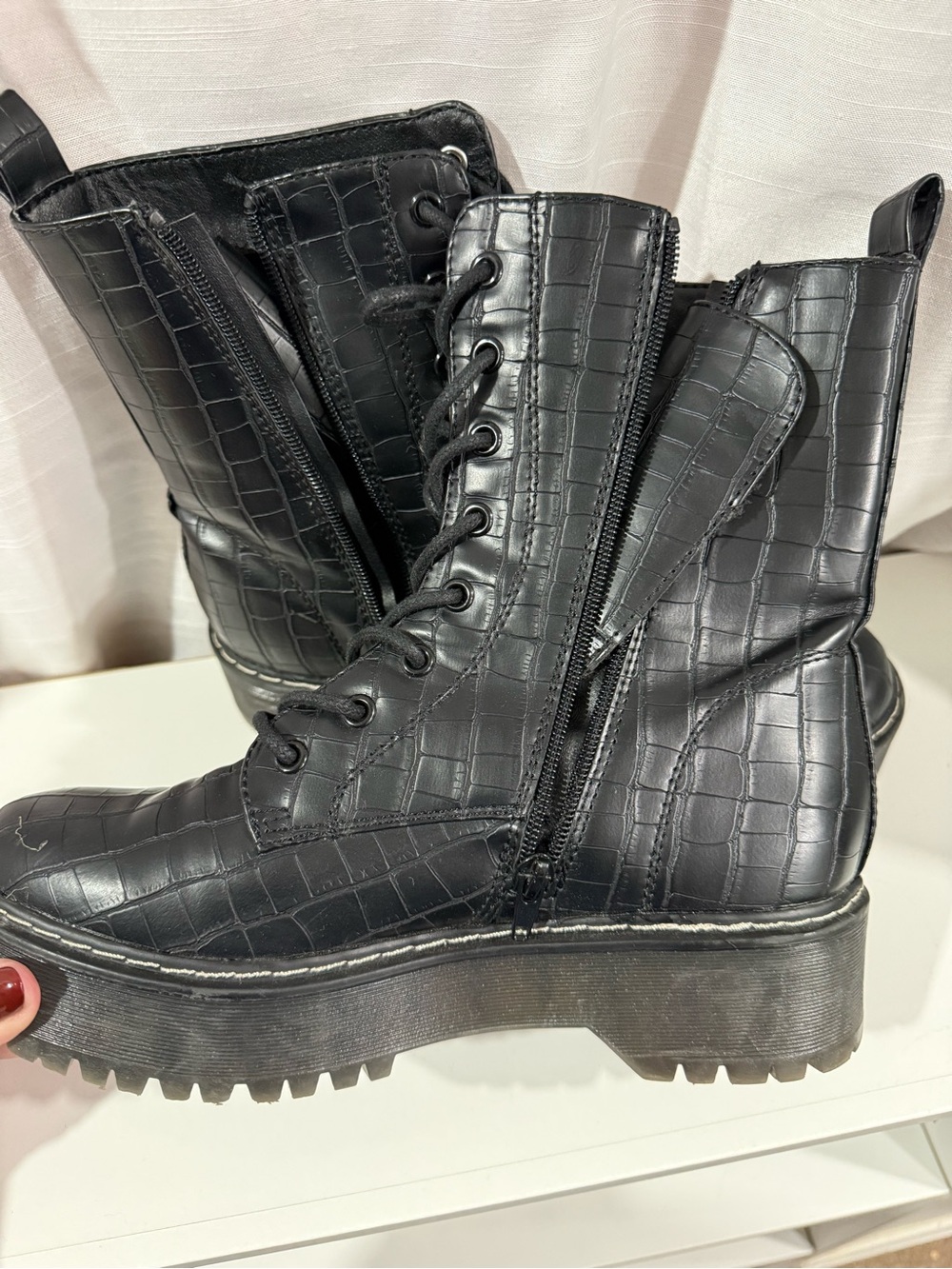 Black Croc-Embossed Combat Boots - Women